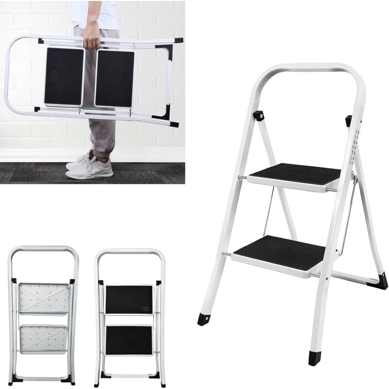 Lucn - chelle pliante, escabeau pliable à 2 marches - Échelle à marches de 20 cm de large - Antidérapant - Portable - Échelle en acier - Charge