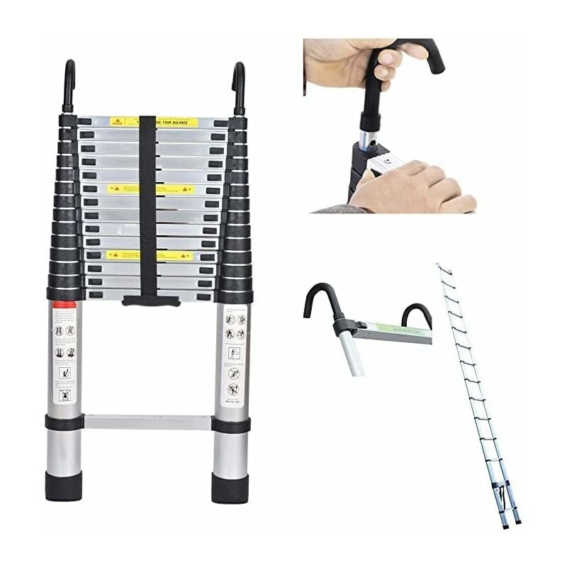 Échelle polyvalente en aluminium de 4,4 m, échelle télescopique avec crochet amovible, échelle extensible, échelle pliante, marches antidérapantes,