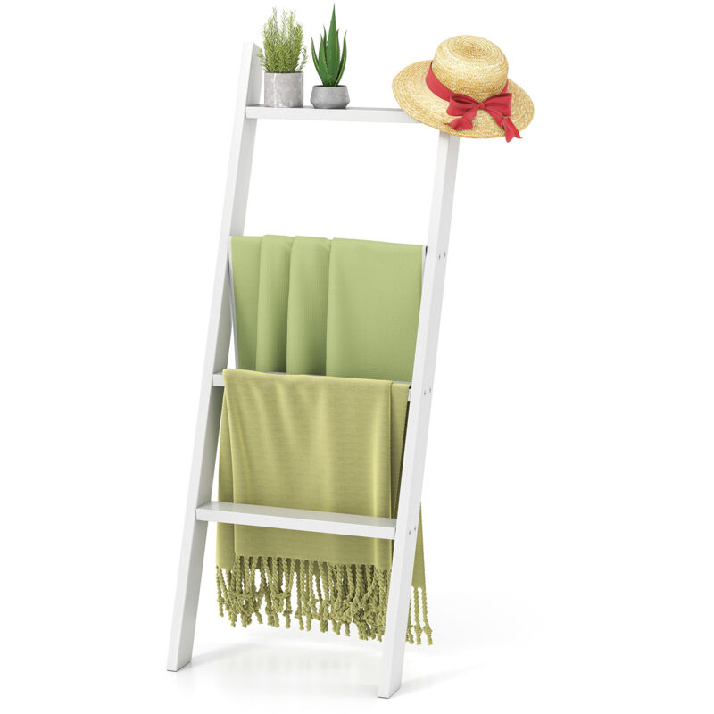 Échelle Porte Serviette Inclinée à 4 Niveaux, Étagère Salle de Bain en Bois de Pin, 50 x 7,5 x 136,5 cm, Blanc