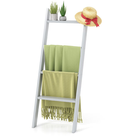 Échelle Porte Serviette Inclinée à 4 Niveaux, Étagère Salle de Bain en Bois de Pin, 50 x 7,5 x 136,5 cm, Gris
