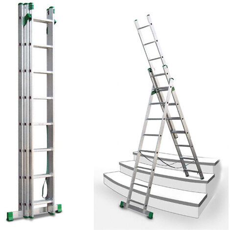 A. Echelle triple de longueur pliée de 2.01m. dépliée de 3.99m et de 2.84m en position escabeau.