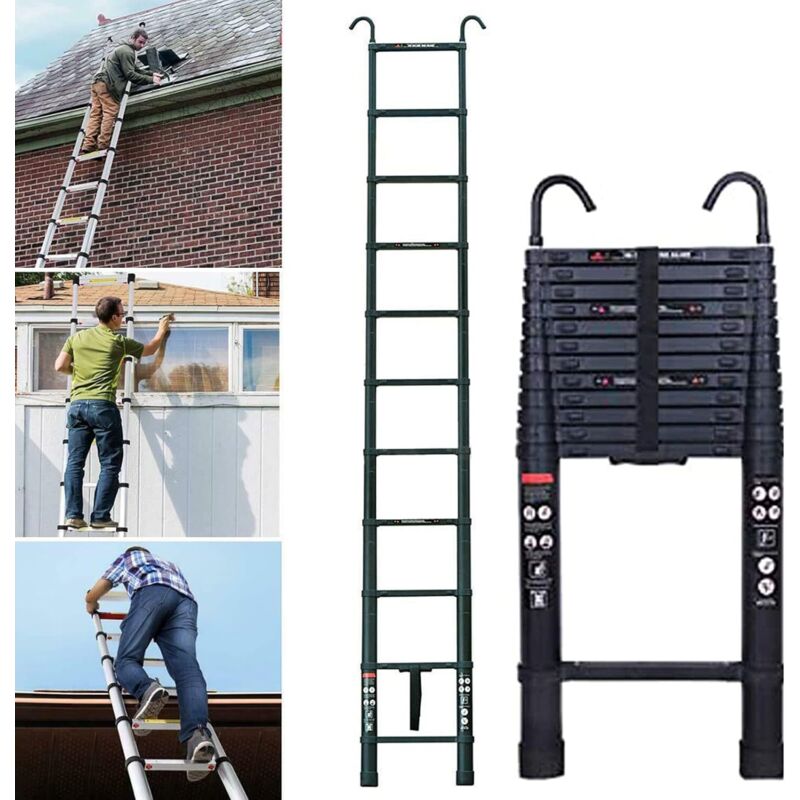 Échelle rétractable en alliage d'aluminium avec 2 crochets, 13 marches, échelle rétractable de 3,8 mètres, portable et légère, robuste et stable,