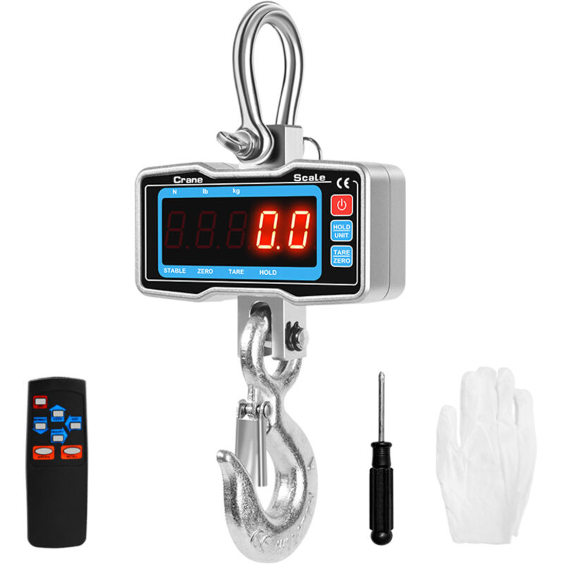 Scala sospesa elettronica da 2000 kg/4400 libbre, alta precisione, display a LED, acciaio resistente, gancio per gru, argento
