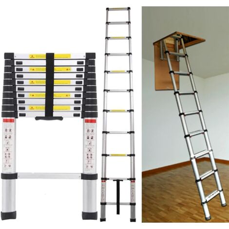 Échelle Télescopique 2,6M en Alu, Escabeau 9 marches Télescopique Portable et Solide, EN131 Echelle De Toit, Différentes Hauteurs Disponibles, Charge 150 kg Argent