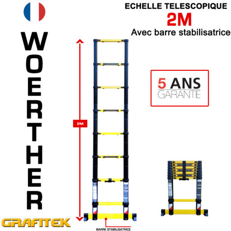 Echelle télescopique 2m Woerther avec barre stabilisatrice - Charge maximal 150Kg - Garantie 5 ans