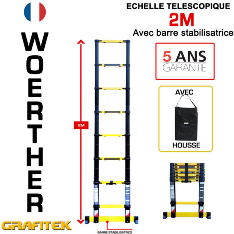 Echelle télescopique 2m Woerther avec barre stabilisatrice - Charge maximal 150Kg - Garantie 5 ans