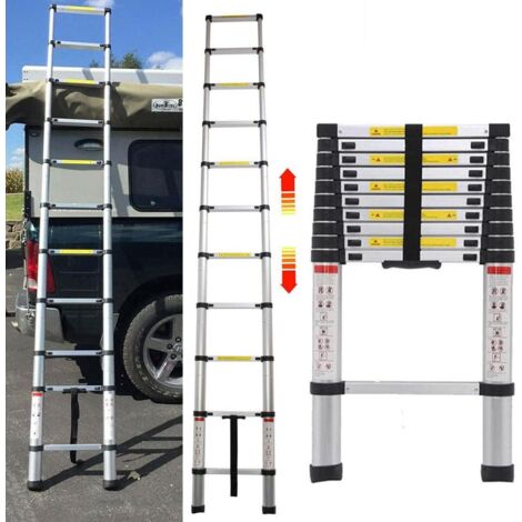 Échelle télescopique 3,2m Echelle Pliante Aluminium avec Le mécanisme de rétraction, Charge Maximale 150kg, Sûre et Solide, Extensible Ladder, Argent