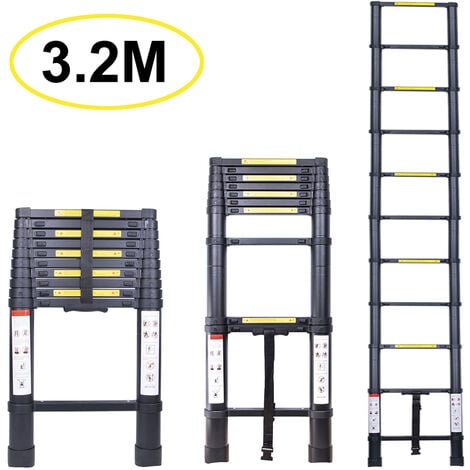 Échelle Télescopique 3.2M, Extensible Ladder Aluminium Échelle Multi-Fonction, Charge Max 150KG, Tout noir