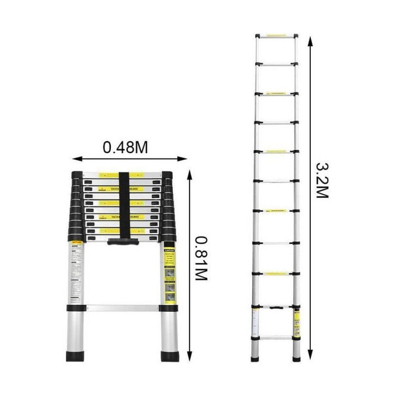 Echelle Telescopique 3,2M Portable Aluminium 11 Echelons Capacite de 150 Kg Multifonction Echelle