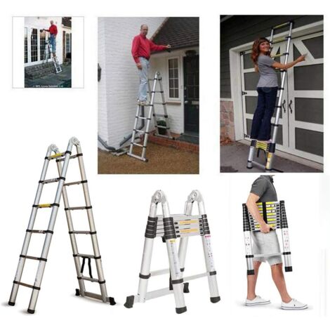 Échelle télescopique 3,8 m - en Aluminium - Échelle coulissante et Cadre A - avec Barre de Support antidérapante - Échelle Pliante antidérapante - Charge maximale : 150 kg (3,8 m/1,9 m+1,9 m)