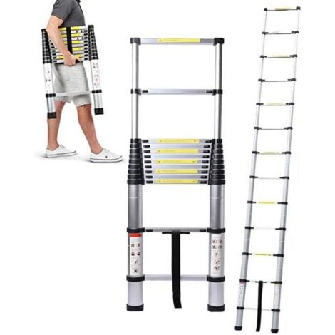 Échelle Télescopique 3.8M en Aluminium Bricolage Pliable Extensible Unique Droite Multi-Fonction Ladder Charge 330lbs (150 kg)