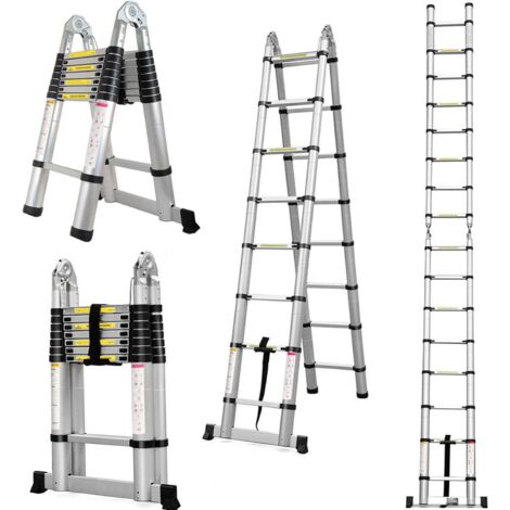 Échelle Telescopique 3,8m, Polyvalent Aluminium Échelle Télescopiques Portable Pliable Échelles Multi-Fonction Escamotable 12 Echelons Echelle Pliable Extensible Pliante Escabeau (1,9m+1,9m) Argent