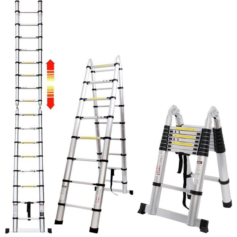 Hsha - chelle Télescopique 3,8m/1,9 m + 1,9 m Échelle télescopique avec stabilisateur - Échelle Multi-Usage - Charge maximale : 150 kg, Échelle