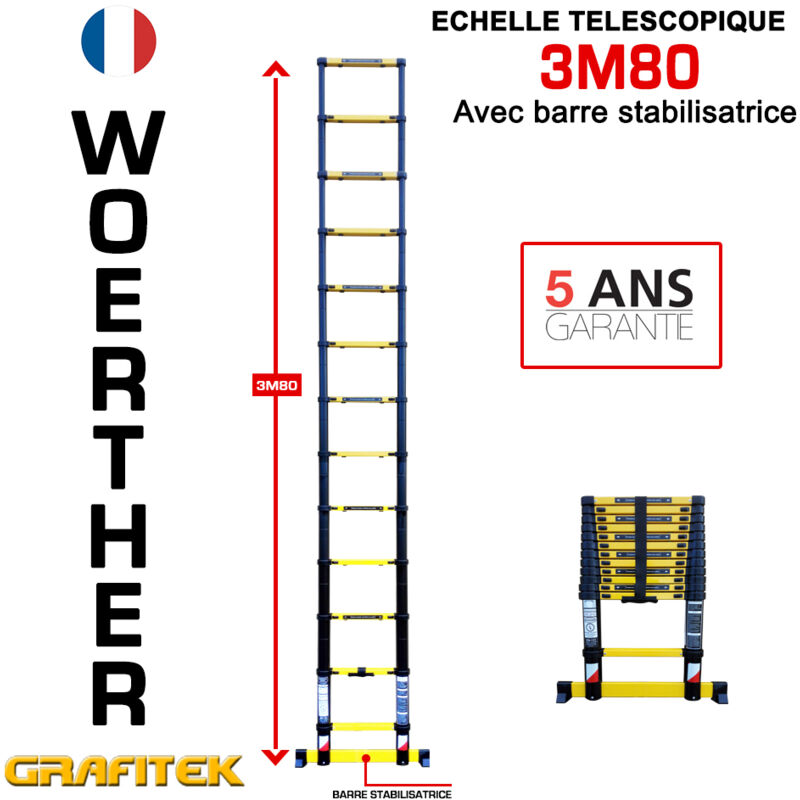Echelle télescopique 3m80 Woerther avec barre stabilisatrice - Charge maximal 150Kg - Garantie 5 ans