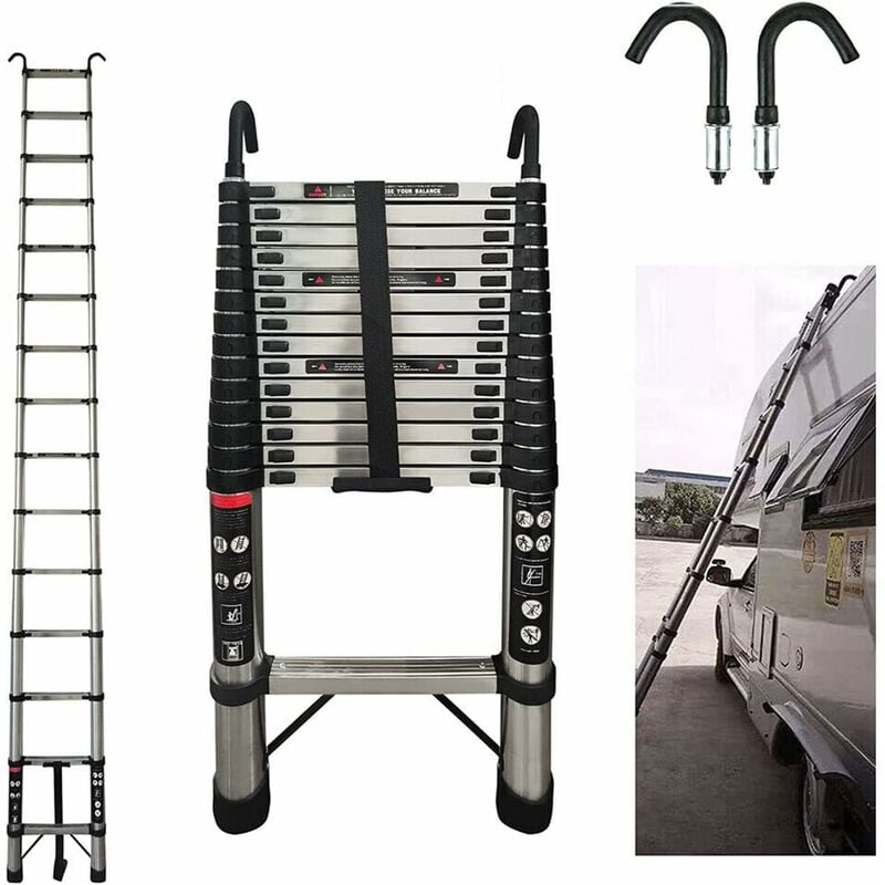 Chelle télescopique 4,4m avec crochet en acier inoxydable - Échelle pliante - Échelle télescopique antidérapante