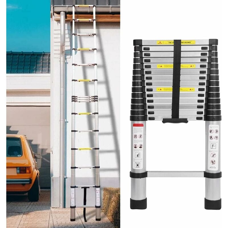 Hsha - chelle télescopique 4,4m Echelle Pliante Aluminium avec Le mécanisme de rétraction, Charge Maximale 150kg, Échelle de Loft Télescopique,