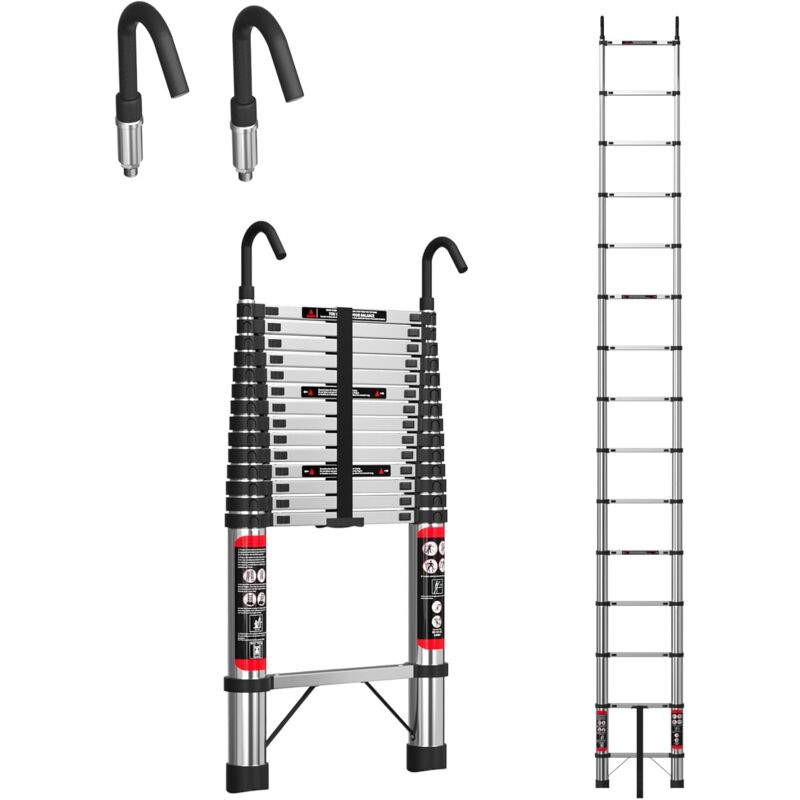 Hsha - chelle Télescopique 4,4M/14.4FT, Échelle Extensible en Acier Inoxydable avec 2 Crochets Détachables, Échelle Compacte Pliable pour La Maison,