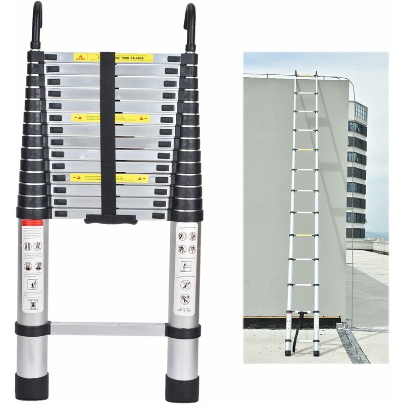 Échelle Télescopique 4,4m/14.4PI, Escabeau Telescopique Aluminium avec Crochets