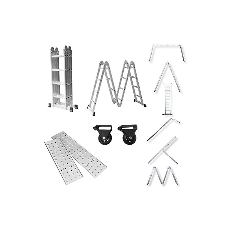 Chelle Télescopique 470cm, 6 en 1 échelle multifonctionnelle aluminium, échelle pliante avec 2 roulettes et plateforme Naizy