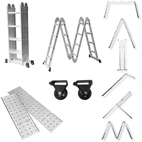 Échelle Télescopique 470cm, 6 en 1 échelle multifonctionnelle aluminium, échelle pliante avec 2 roulettes et plateforme NAIZY