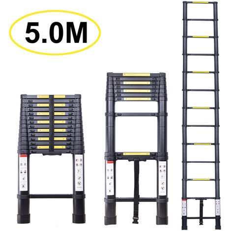 Échelle Télescopique 5.0M, Extensible Ladder Aluminium Échelle Multi-Fonction, Charge Max 150KG, Tout noir