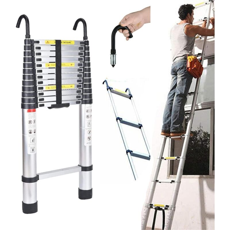 Chelle Télescopique 5m Aluminium Escabeau Telescopique avec Crochets, Échelle Extensible 5m, Charge maximale 150 kg