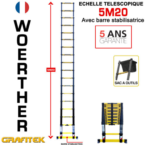 Echelle télescopique 5m20 Woerther avec barre stabilisatrice - Avec sac porte ouils - Charge maximal 150Kg - Garantie 5 ans