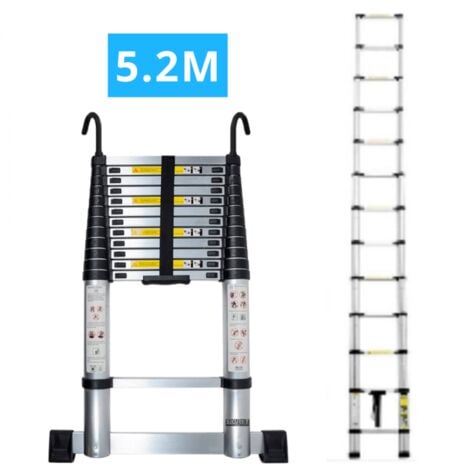 SECURY-T Echelle télescopique aluminium 13 marches H 5,2M avec crochets démontables et barre stabilisatrice