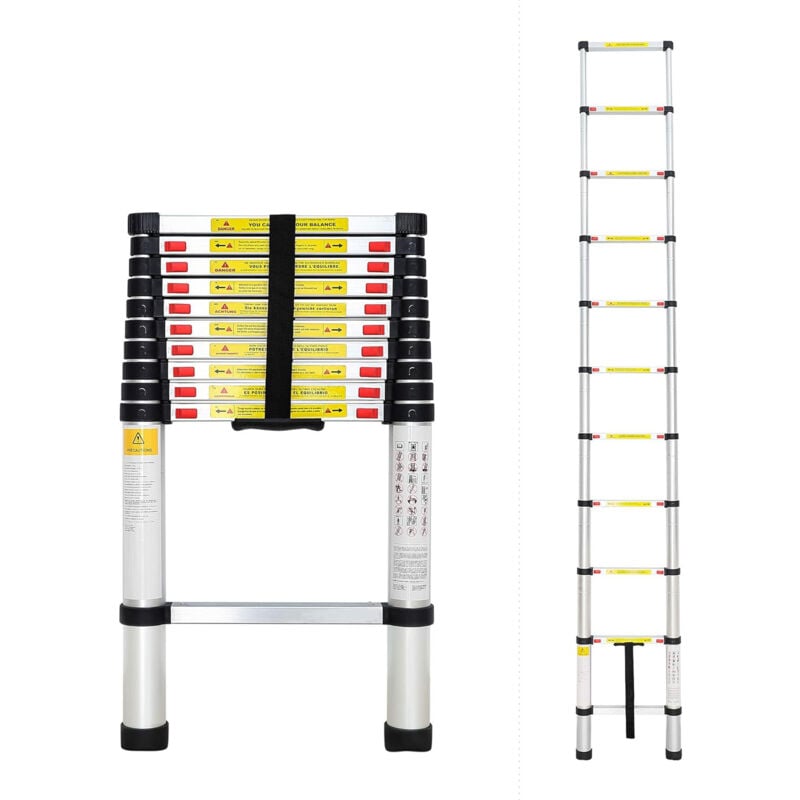 Échelle Télescopique Aluminium Escabeau Extensible avec Pieds Antidérapants Droite Multi-Fonction Ladder Capacité 150KG - 3,2M