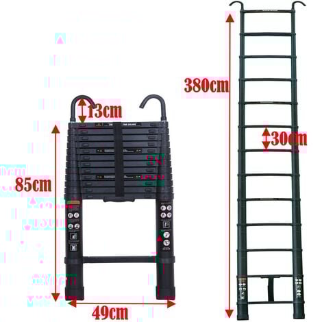 échelle télescopique avec crochet, échelle pliante en aluminium de 3,8 m échelle en aluminium, échelle coulissante télescopique, échelle en aluminium antidérapant échelle polyvalente échelle télescopi