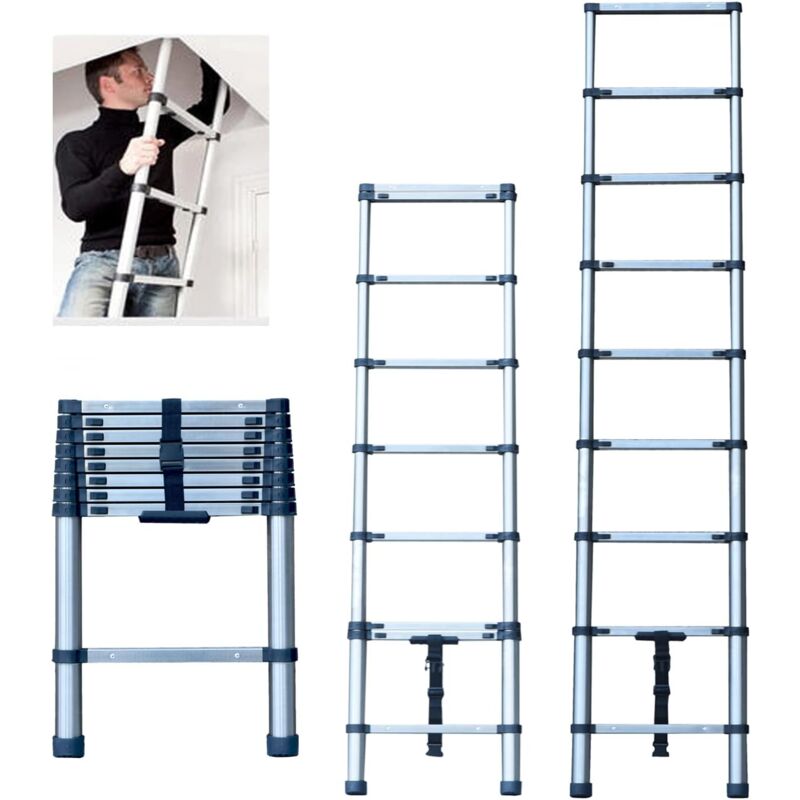 Lucn - chelle Télescopique de 2,6 m - Antidérapante Échelle Escabeau Télescopique en 9 Echelons - Pliable en Acier Multifonction - 72 cm à 2,60 m
