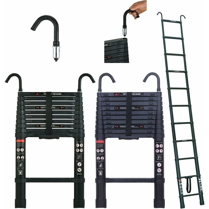 Chelle télescopique de 3,2 m/10,5PI avec crochet - Échelle télescopique légère et portable en aluminium-noir