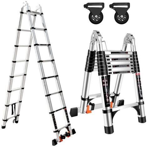 Échelle Télescopique de 5.0M(2.5+2.5) Échelle Pliante 2 en 1 Escabeau Télescopique en Aluminium