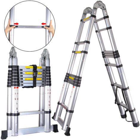 Échelle Télescopique de 5.0M(2.5+2.5) Échelle Pliante Polyvalente Charge 150 kg Escabeau Télescopique Aluminium