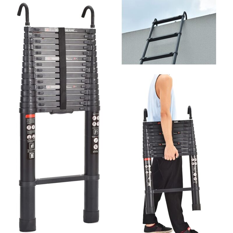 Lucn - chelle télescopique de 6,2 m avec crochet amovible Échelle en aluminium robuste et extensible Échelle multifonction Capacité de 150 kg EN131