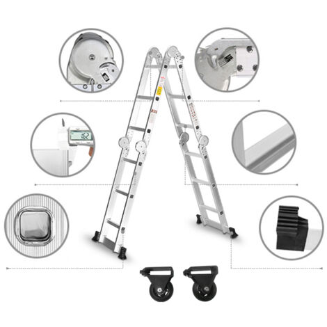 Échelle télescopique Échelle Pliant Multifonction 3.4m 6 en 1 Pliable en Aluminium avec 2 Montants 4x3 Marches Résistante à 150kg HENGMEI