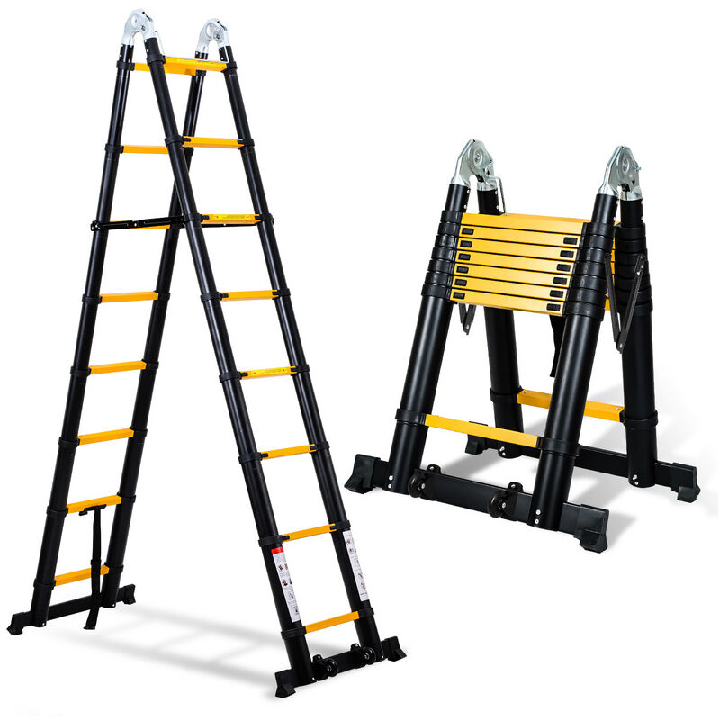 Jopassy - chelle télescopique Échelle pliante Aluminium Escabeau sans crochets Avec stabilisateur Avec roues 2,5m+2,5m noir+jaune