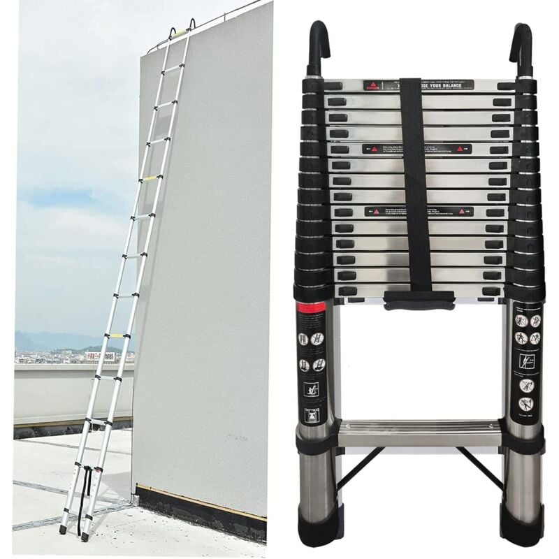 Lucn - chelle télescopique, échelle télescopique en acier inoxydable 14.5 ft avec pieds antidérapants et crochets robustes, échelle D'extension