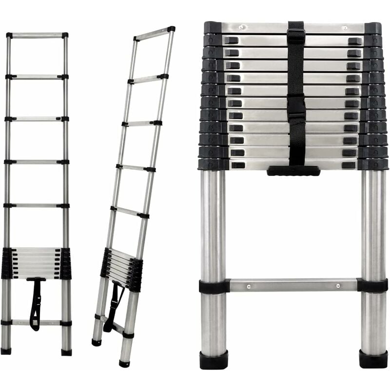 Échelle télescopique en Acier Inoxydable de 3,8 m/12,5 PI - Pliable - Antidérapante
