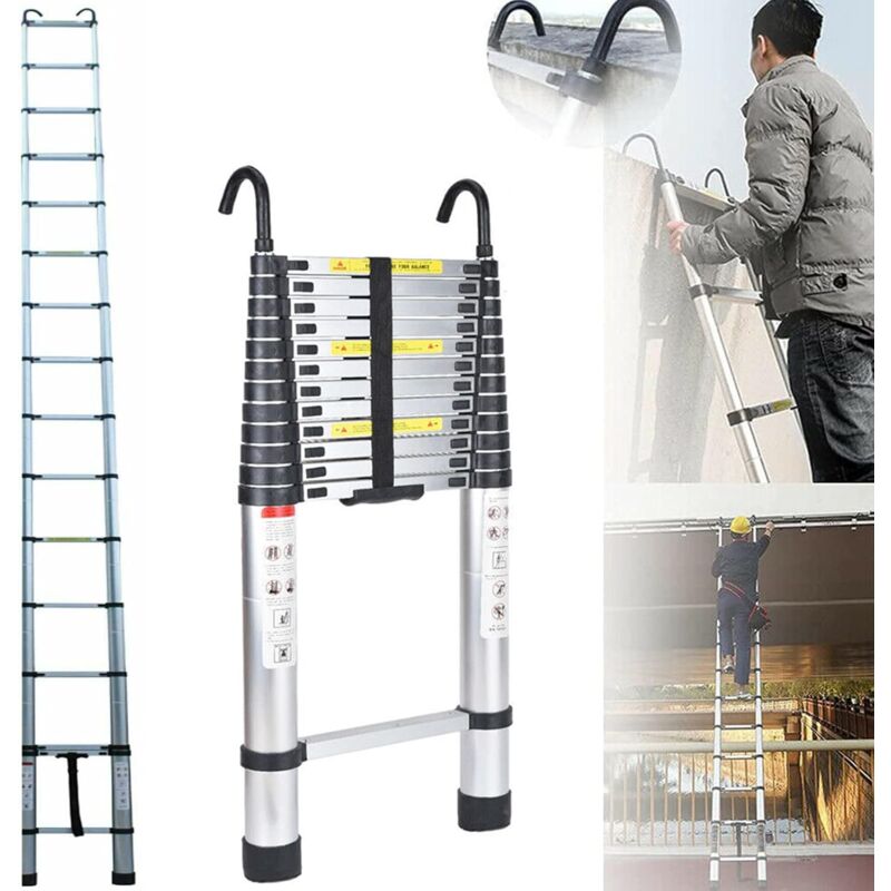 Chelle télescopique en aluminium - 5 m - Avec crochet amovible - Antidérapante - Multifonction - Échelle portable - Pour loft, toit d'escalade,
