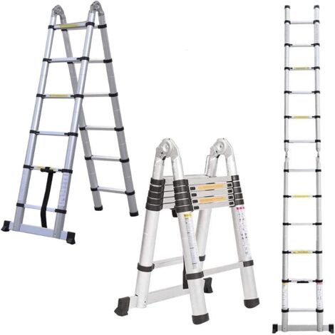 Échelle télescopique en aluminium avec cadre A de 3,8 m (1,9 + 1,9 m) - Portable - Multifonction - Charge maximale : 150 kg - Pour la maison, le bureau, le bricolage, les ouvriers du bâtiment