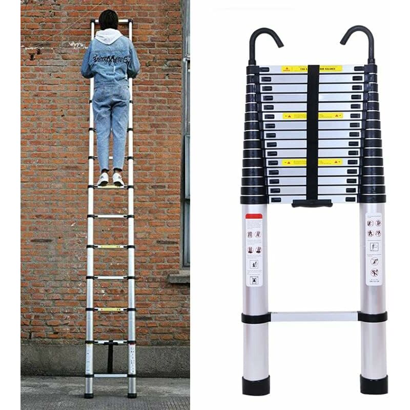 Chelle télescopique en aluminium de 4,4 m avec 2 crochets, coulissante escamotable, grenier, multifonctionnelle, charge 150 kg, Argent, Noir,