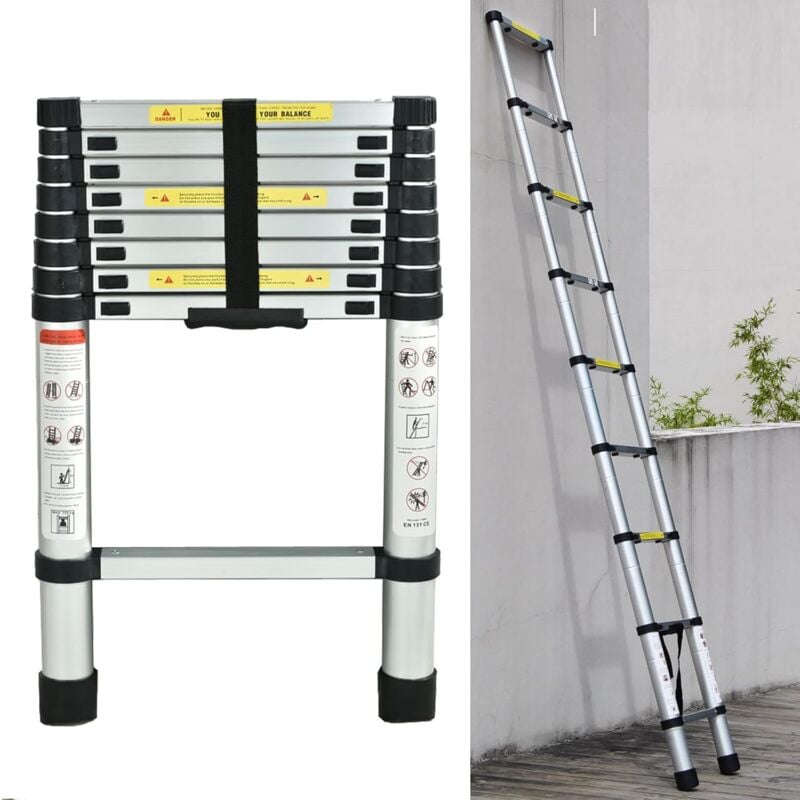 Chelle Télescopique en Aluminium Pliable 2.6M Télescopique Multi-Fonction Echelle Pliable Extensible 9 Marches Charge 330lbs