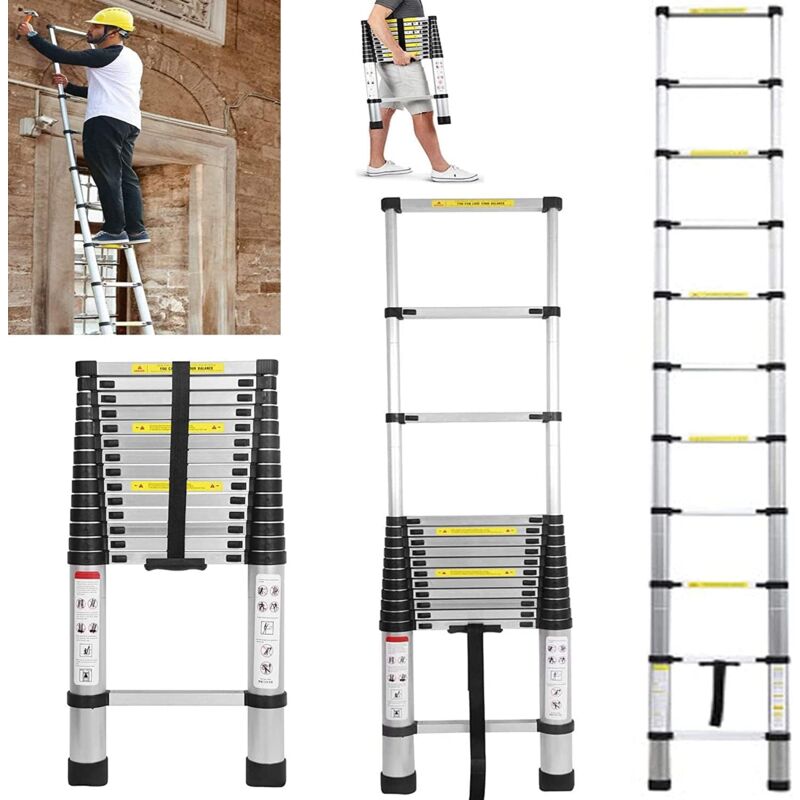 Lucn - chelle télescopique Extensible 4,4 m - Escabeau Telescopique en Aluminium Robuste - Échelle loft Polyvalente - avec 15 Étapes- Charge maximale