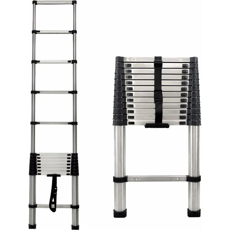 Chelle télescopique Extensible de 3,8 m - en Acier Inoxydable Robuste - Système de Fermeture amortie - Échelle Multifonction avec 13 barreaux