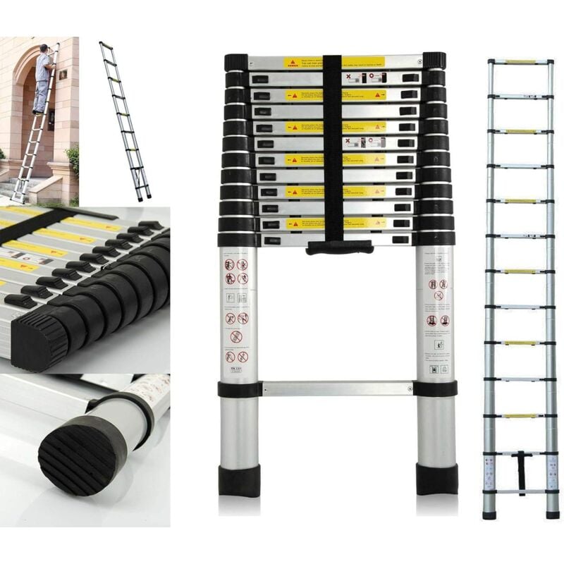Lucn - chelle télescopique Extensible de 3,8 m Robuste - Escabeau Telescopique en Aluminium - Échelle Multifonction avec 13 Étapes- Charge maximale :