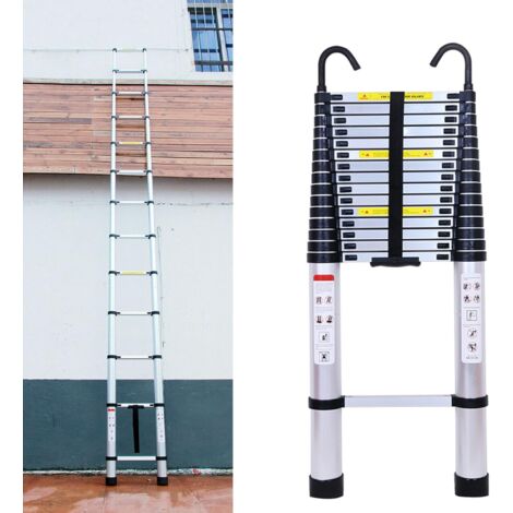 Échelle télescopique extensible de 4,4 m avec 2 crochets, loft robuste en aluminium, marche multi-usages 15 échelons, charge maximale 150 kg EN131, Argent, Noir, 4,4m-Aluminium-2 crochets