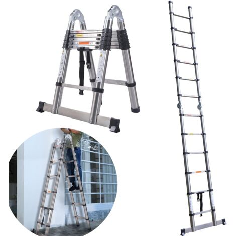 Échelle télescopique extensible max. Capacité de 150 kg - Échelle portative multifonction avec cadre A - Échelle de grenier - 1,9 m + 1,9 m - Pour la maison, le bureau - Avec barre de support