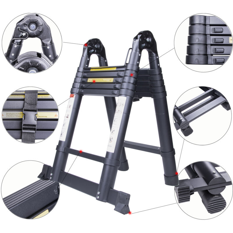 Chelle TéLescopique Marchepieds Escamotables avec Stabilisateur Ladder Pliable et Déployable Charge Maximale : 150KG Noir - 4,5M (2,2M+2,9M)