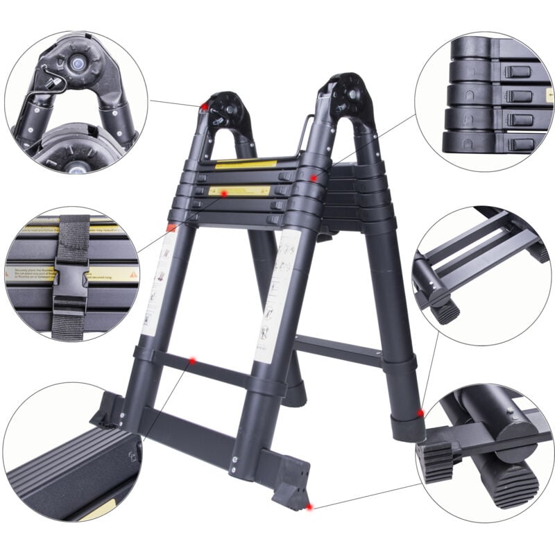 Chelle TéLescopique Marchepieds Escamotables avec Stabilisateur Ladder Pliable et Déployable Charge Maximale : 150KG Noir - 3,8M (1,9M+1,9M)